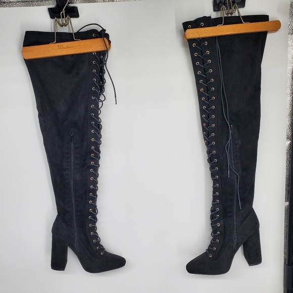 Shoedazzle Shoes Women 6.5 Janitha Lace Up Zip Up Boot Black - Picture 6 of 7